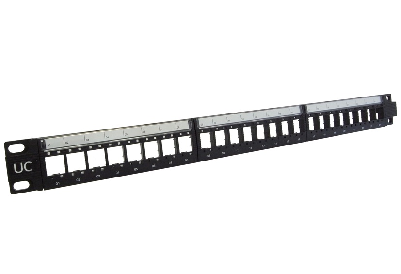 UC CACC PP U BK 24 1U - 19-in 1U 24P UTP Keystone Panel, Empty, Cat 5e / 6, 180Â°